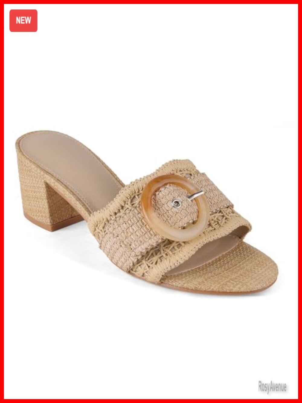 Raffia Mule Slide Sandals 2.5in Chunky Block Heel Round Buckle Open Toe